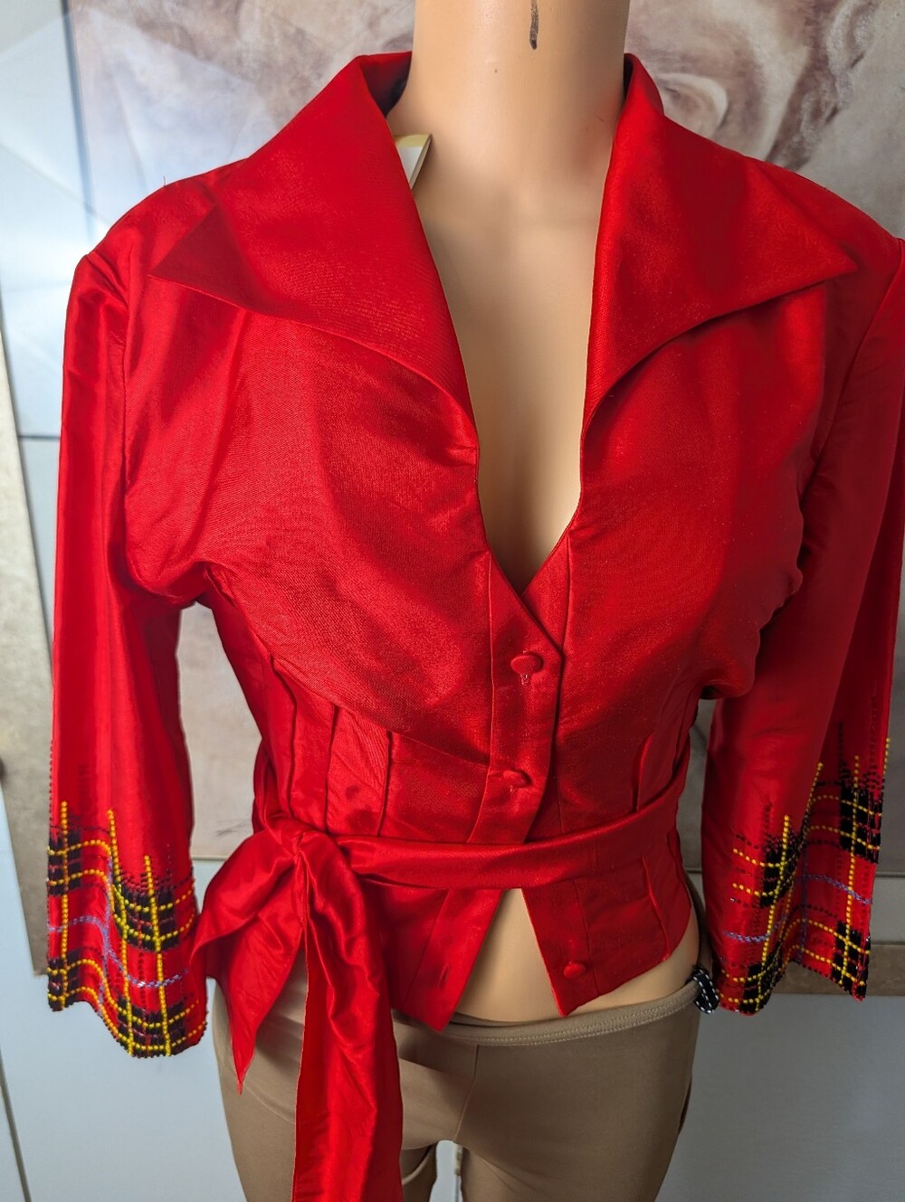 NWT Marisa Baratelli 100% Thai Silk Wrap Top Red Embroidered Plaid Cuffs Size 12